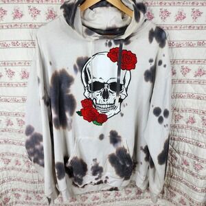 Thirty Single Bleach Dye Skull Rose Graphic Hoodie Sweatshirt Pullover Grunge